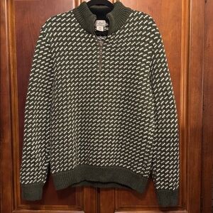 L.L. Bean 100% Wool Olive Green with Cream design 1/4 Zip. Size Medium.